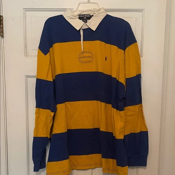 Vintage Polo Ralph Lauren Blue and Yellow Striped Rugby Shirt - Picture 1 of 2